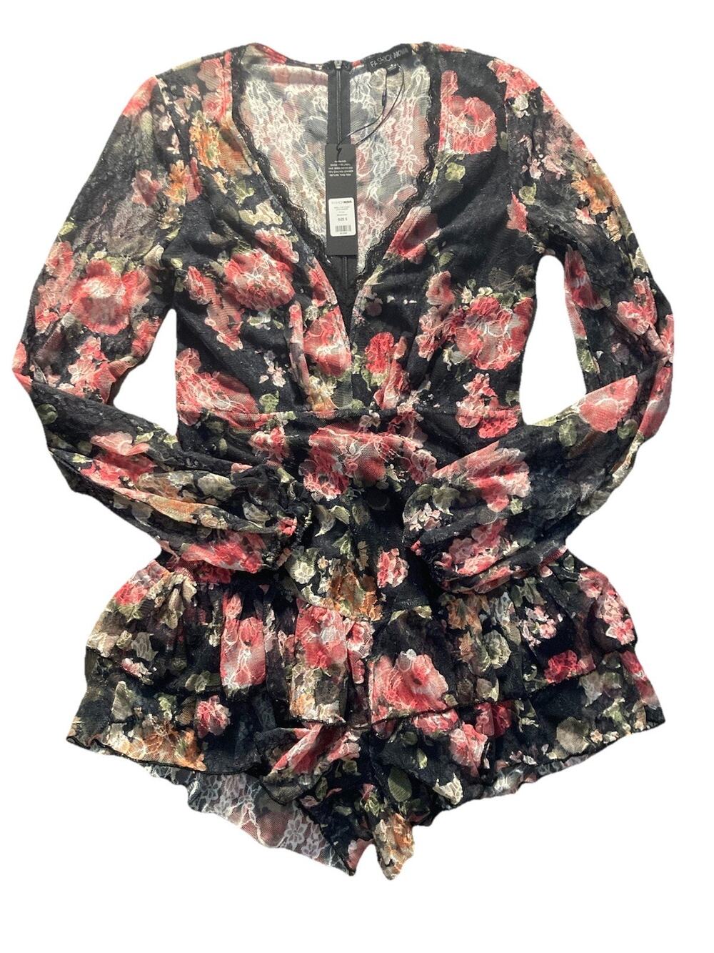 Fashion Nova Bell Sleeve Floral Ruffle Lace Romper Size S NWT